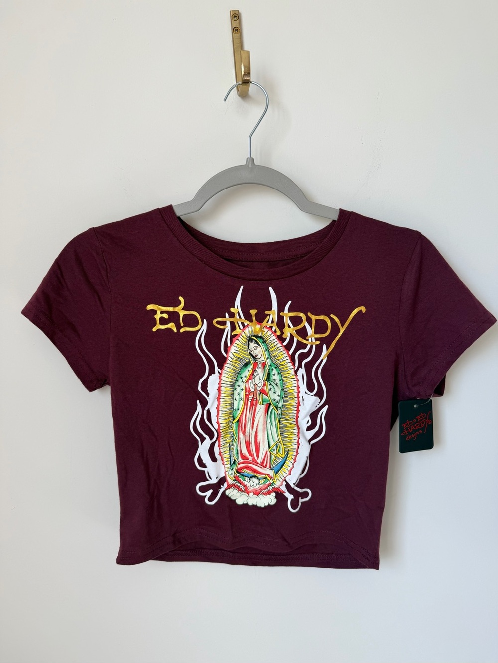Ed Hardy Burgundy Virgin Mary Graphic Crop Top